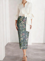 Sheath Column V Neck Satin Mother Of The Bride Dresses 3 4 Sleeves Shirt Collar Floral Tea Length Cocktail Dresses
