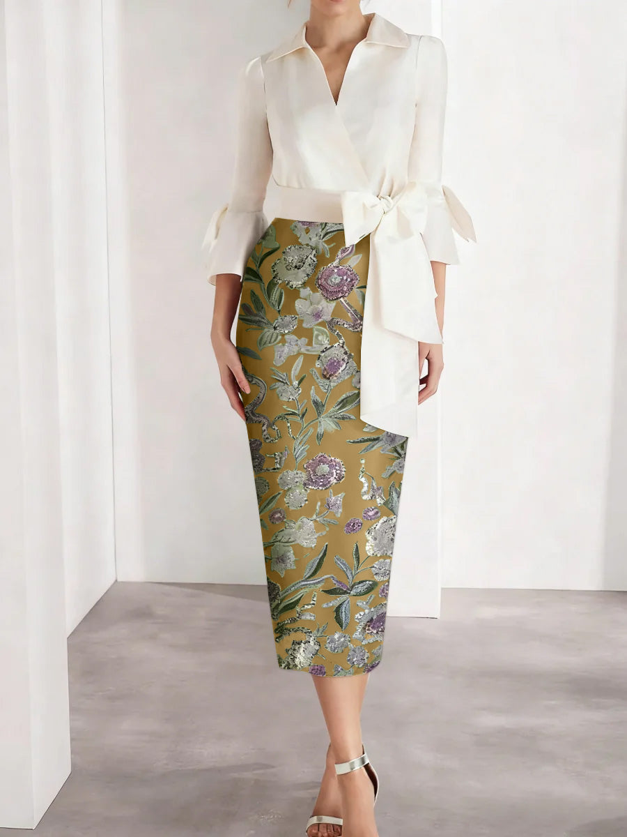 Sheath Column V Neck Satin Mother Of The Bride Dresses 3 4 Sleeves Shirt Collar Floral Tea Length Cocktail Dresses