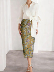 Sheath/Column V-Neck Satin Mother of the Bride Dresses 3/4 Sleeves Shirt Collar Floral Tea-Length Cocktail Dresses