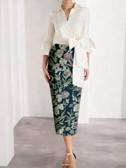Sheath Column V Neck Satin Mother Of The Bride Dresses 3 4 Sleeves Shirt Collar Floral Tea Length Cocktail Dresses