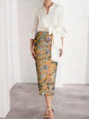 Sheath/Column V-Neck Satin Mother of the Bride Dresses 3/4 Sleeves Shirt Collar Floral Tea-Length Cocktail Dresses