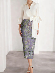 Sheath Column V Neck Satin Mother Of The Bride Dresses 3 4 Sleeves Shirt Collar Floral Tea Length Cocktail Dresses