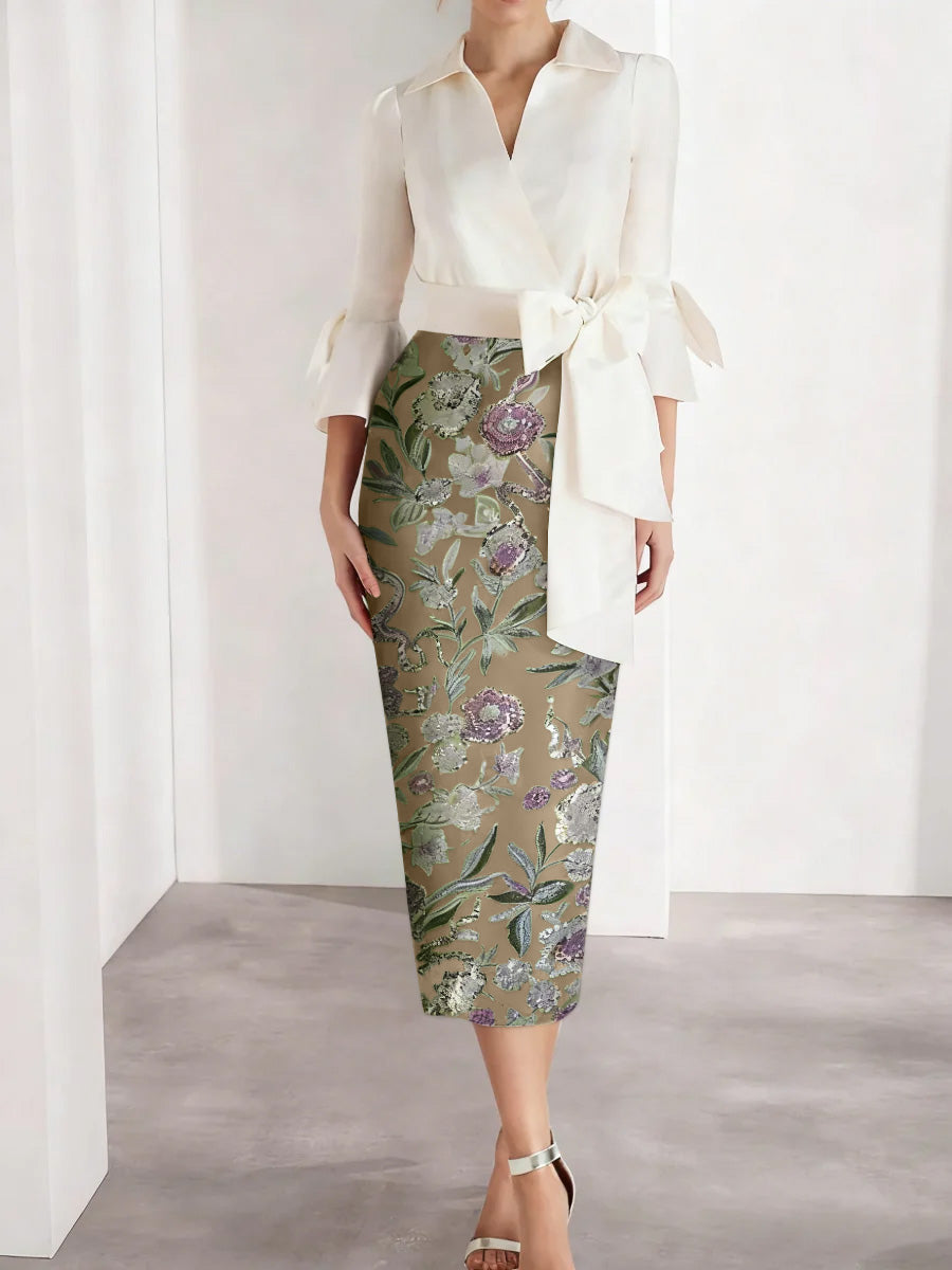 Sheath Column V Neck Satin Mother Of The Bride Dresses 3 4 Sleeves Shirt Collar Floral Tea Length Cocktail Dresses