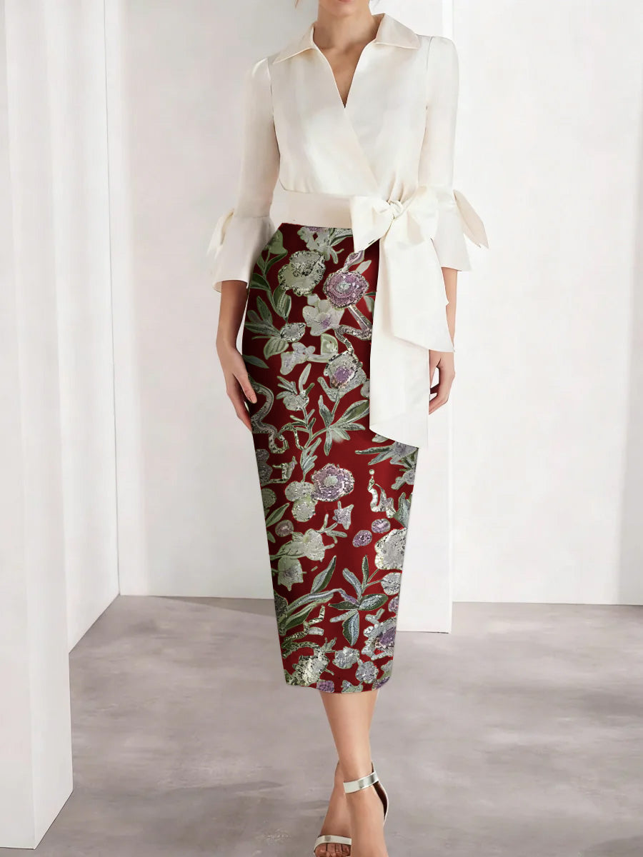 Sheath Column V Neck Satin Mother Of The Bride Dresses 3 4 Sleeves Shirt Collar Floral Tea Length Cocktail Dresses