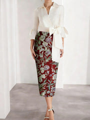 Sheath Column V Neck Satin Mother Of The Bride Dresses 3 4 Sleeves Shirt Collar Floral Tea Length Cocktail Dresses