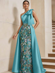Sheath Column One Shoulder Satin Mother Of The Bride Dresses With Overskirt Sleeveless Floral Floor Length Bow