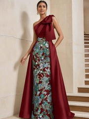 Sheath Column One Shoulder Satin Mother Of The Bride Dresses With Overskirt Sleeveless Floral Floor Length Bow