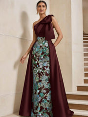 Sheath/Column One-Shoulder Satin Mother of the Bride Dresses with Overskirt Sleeveless Floral Floor-Length Bow
