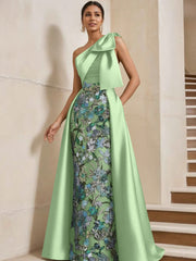 Sheath/Column One-Shoulder Satin Mother of the Bride Dresses with Overskirt Sleeveless Floral Floor-Length Bow