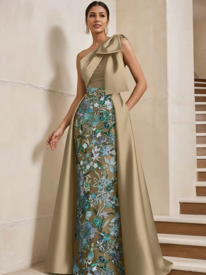 Sheath Column One Shoulder Satin Mother Of The Bride Dresses With Overskirt Sleeveless Floral Floor Length Bow