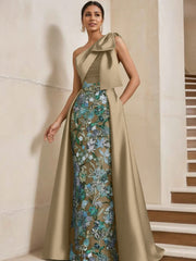 Sheath Column One Shoulder Satin Mother Of The Bride Dresses With Overskirt Sleeveless Floral Floor Length Bow