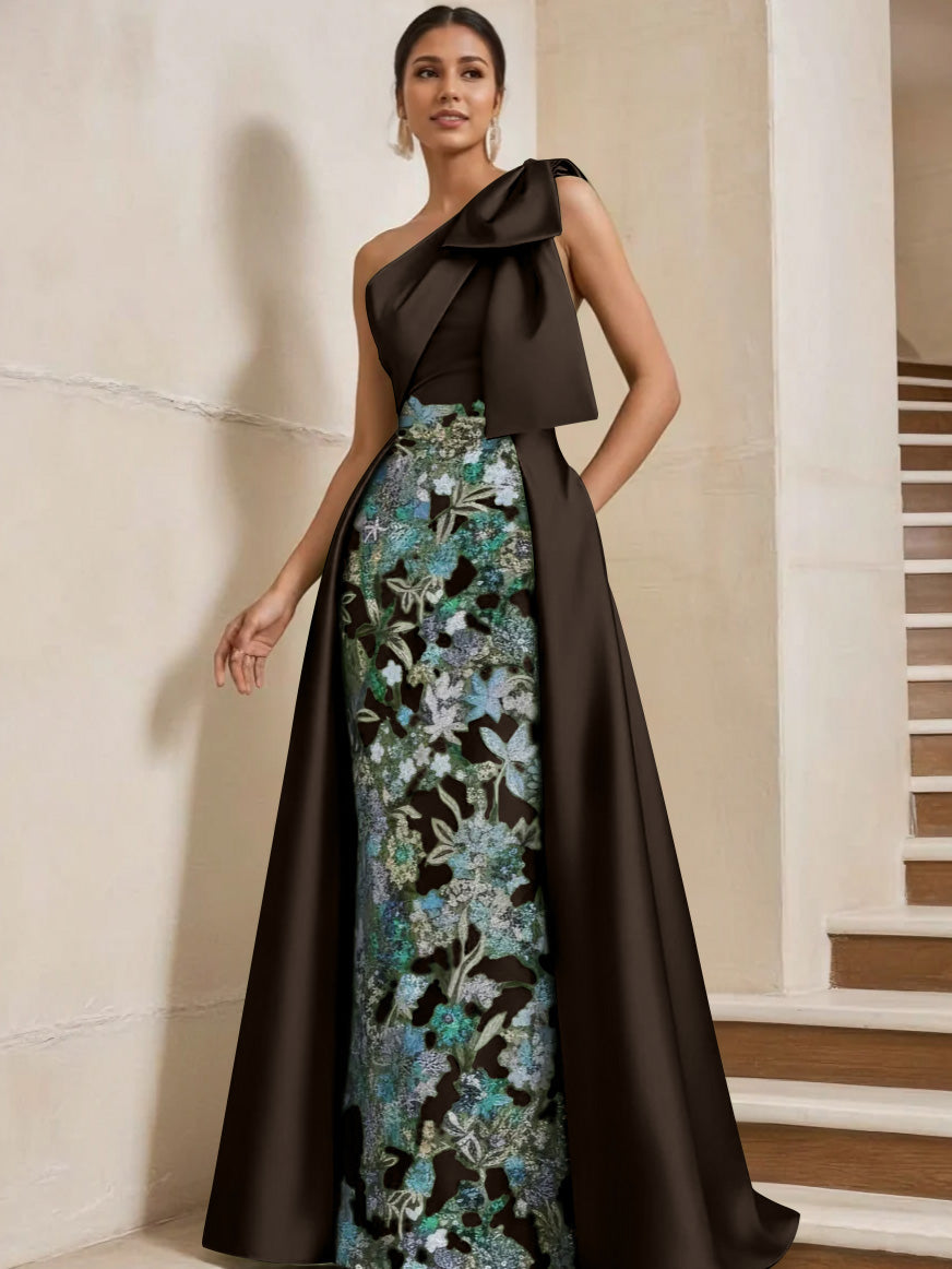 Sheath Column One Shoulder Satin Mother Of The Bride Dresses With Overskirt Sleeveless Floral Floor Length Bow