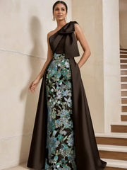 Sheath/Column One-Shoulder Satin Mother of the Bride Dresses with Overskirt Sleeveless Floral Floor-Length Bow