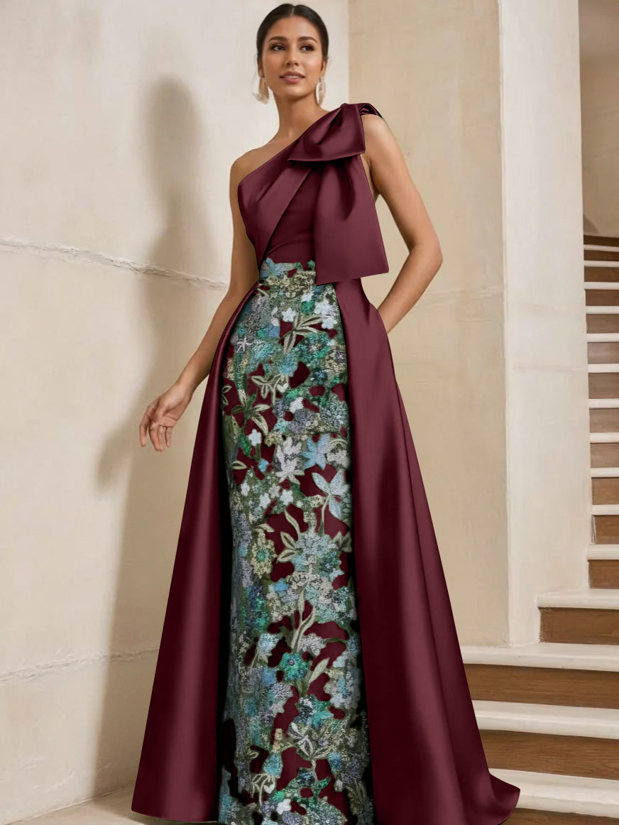 Sheath Column One Shoulder Satin Mother Of The Bride Dresses With Overskirt Sleeveless Floral Floor Length Bow