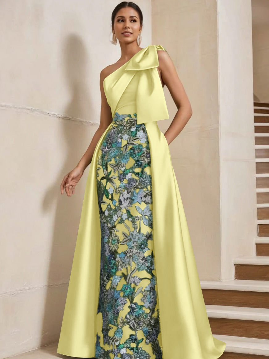Sheath Column One Shoulder Satin Mother Of The Bride Dresses With Overskirt Sleeveless Floral Floor Length Bow