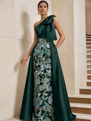 Sheath/Column One-Shoulder Satin Mother of the Bride Dresses with Overskirt Sleeveless Floral Floor-Length Bow