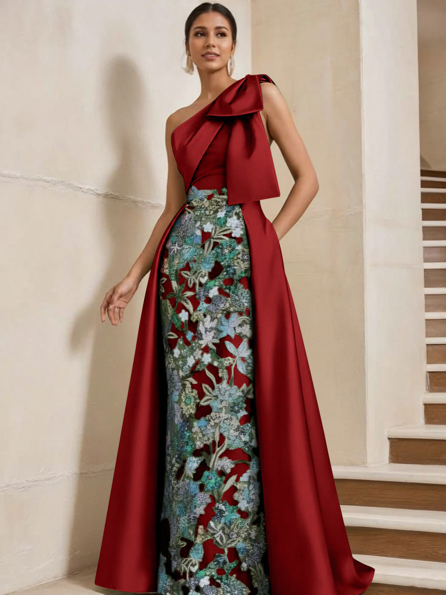Sheath Column One Shoulder Satin Mother Of The Bride Dresses With Overskirt Sleeveless Floral Floor Length Bow