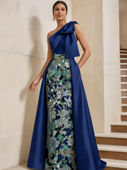 Sheath/Column One-Shoulder Satin Mother of the Bride Dresses with Overskirt Sleeveless Floral Floor-Length Bow