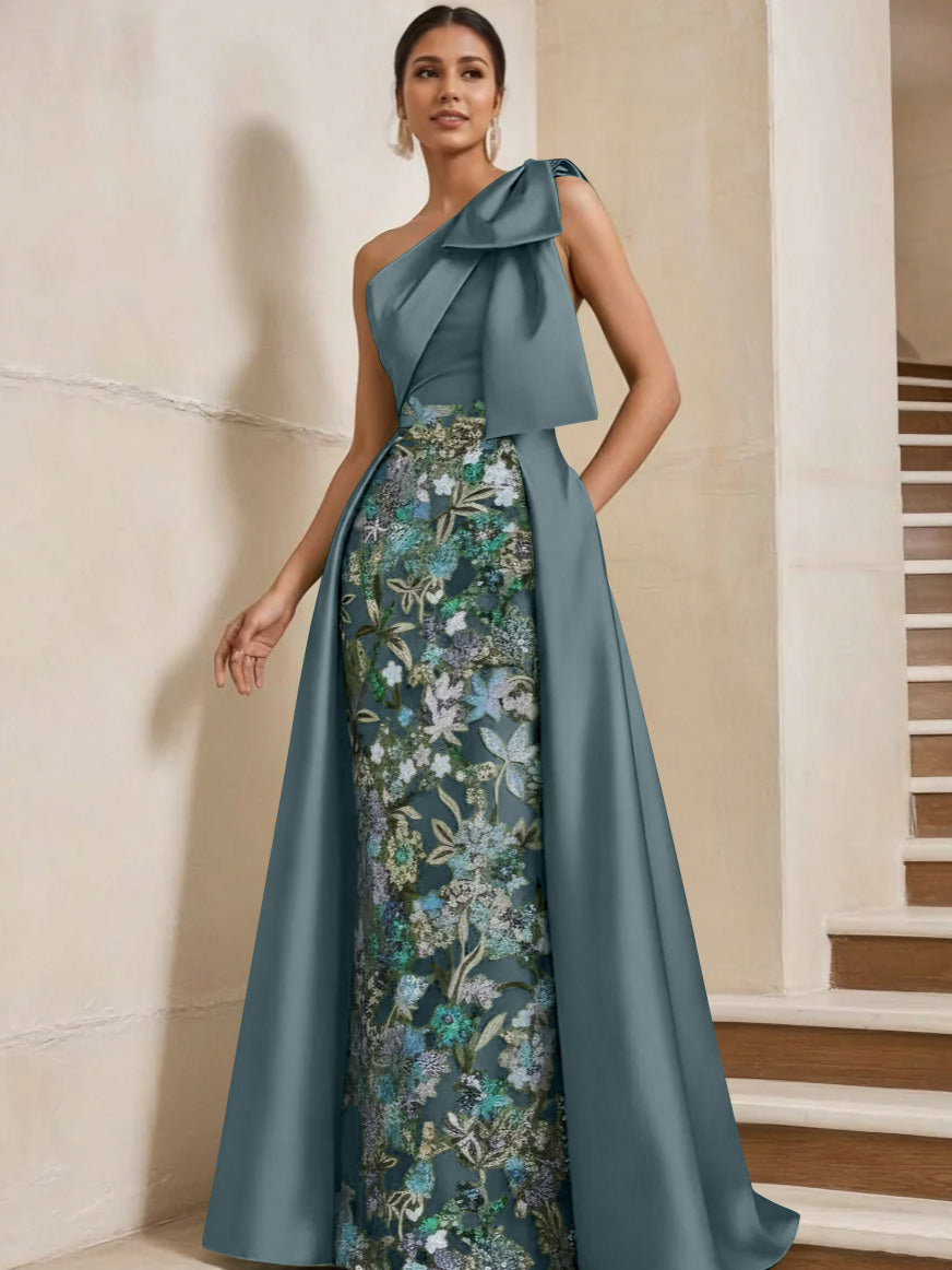 Sheath Column One Shoulder Satin Mother Of The Bride Dresses With Overskirt Sleeveless Floral Floor Length Bow