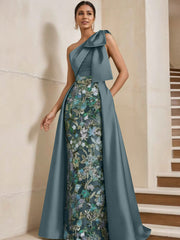 Sheath Column One Shoulder Satin Mother Of The Bride Dresses With Overskirt Sleeveless Floral Floor Length Bow