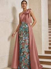 Sheath Column One Shoulder Satin Mother Of The Bride Dresses With Overskirt Sleeveless Floral Floor Length Bow