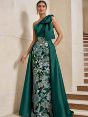Sheath Column One Shoulder Satin Mother Of The Bride Dresses With Overskirt Sleeveless Floral Floor Length Bow