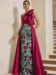 Sheath/Column One-Shoulder Satin Mother of the Bride Dresses with Overskirt Sleeveless Floral Floor-Length Bow