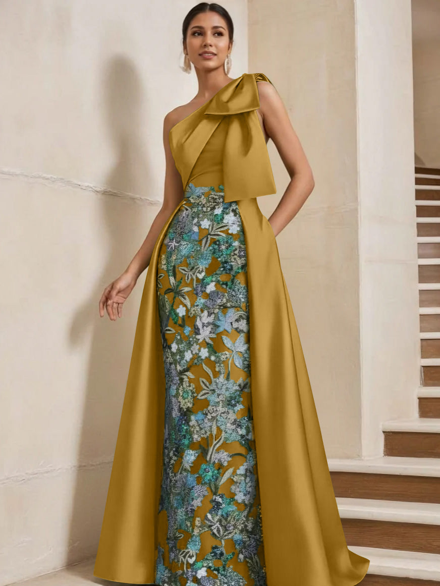 Sheath Column One Shoulder Satin Mother Of The Bride Dresses With Overskirt Sleeveless Floral Floor Length Bow