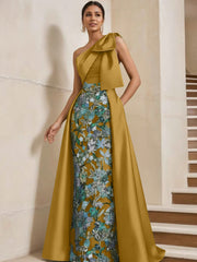 Sheath/Column One-Shoulder Satin Mother of the Bride Dresses with Overskirt Sleeveless Floral Floor-Length Bow