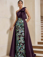 Sheath Column One Shoulder Satin Mother Of The Bride Dresses With Overskirt Sleeveless Floral Floor Length Bow