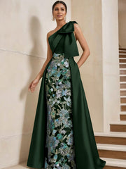 Sheath/Column One-Shoulder Satin Mother of the Bride Dresses with Overskirt Sleeveless Floral Floor-Length Bow