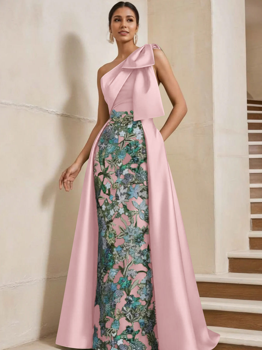 Sheath Column One Shoulder Satin Mother Of The Bride Dresses With Overskirt Sleeveless Floral Floor Length Bow