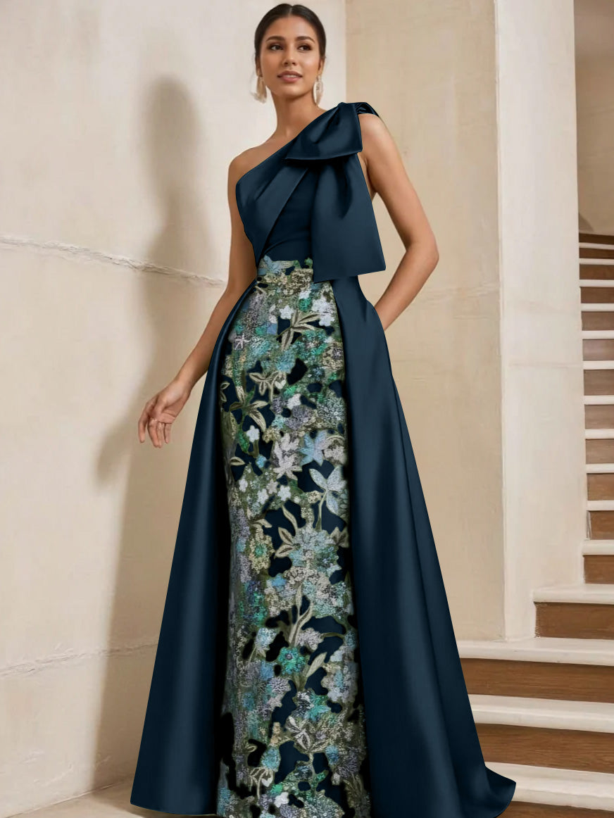 Sheath Column One Shoulder Satin Mother Of The Bride Dresses With Overskirt Sleeveless Floral Floor Length Bow