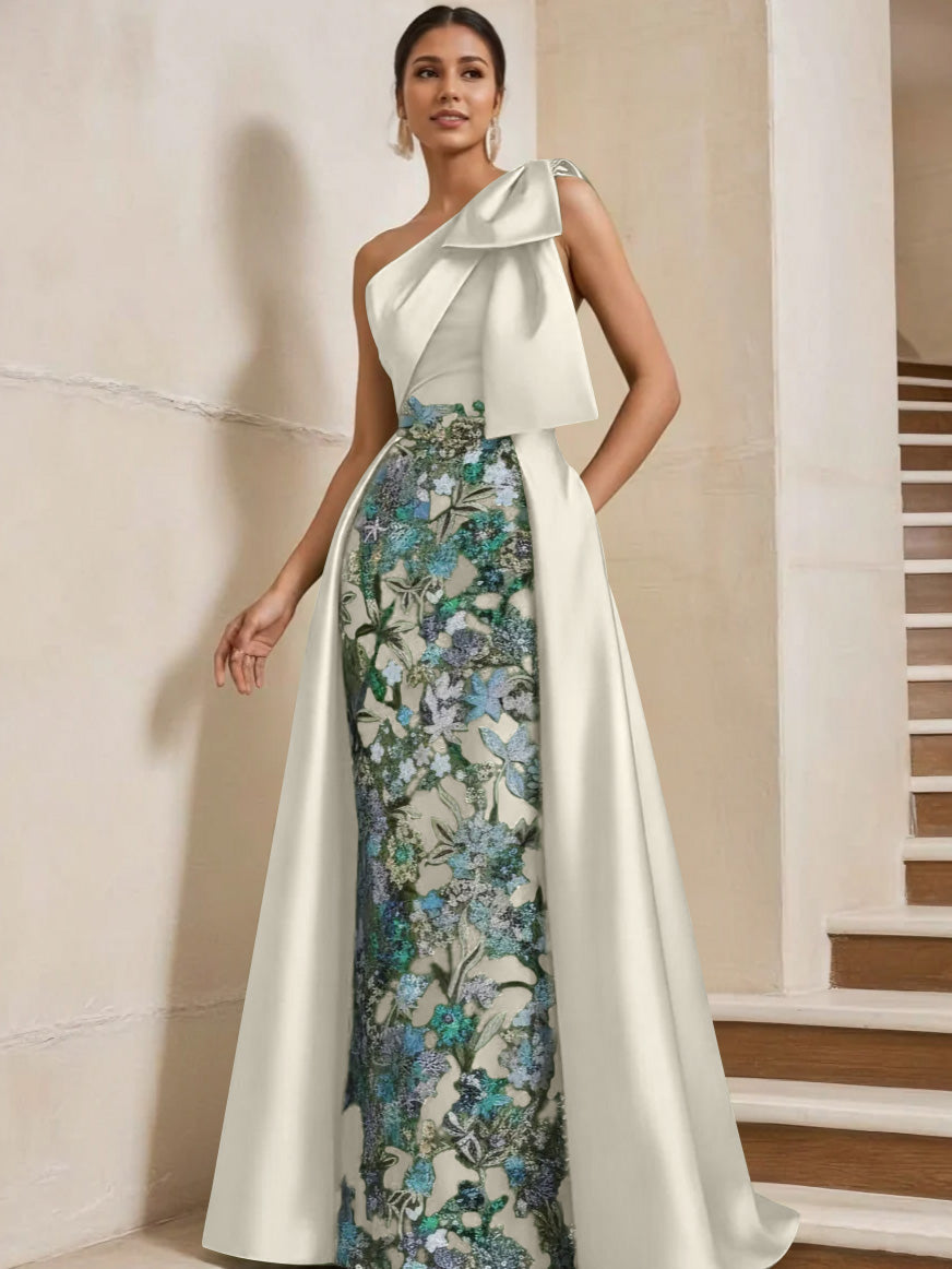 Sheath Column One Shoulder Satin Mother Of The Bride Dresses With Overskirt Sleeveless Floral Floor Length Bow