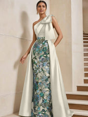 Sheath/Column One-Shoulder Satin Mother of the Bride Dresses with Overskirt Sleeveless Floral Floor-Length Bow