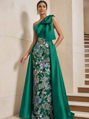 Sheath/Column One-Shoulder Satin Mother of the Bride Dresses with Overskirt Sleeveless Floral Floor-Length Bow