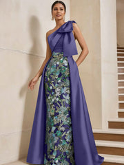 Sheath Column One Shoulder Satin Mother Of The Bride Dresses With Overskirt Sleeveless Floral Floor Length Bow