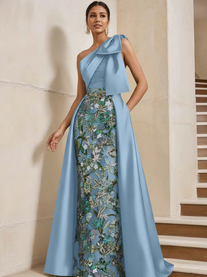 Sheath Column One Shoulder Satin Mother Of The Bride Dresses With Overskirt Sleeveless Floral Floor Length Bow