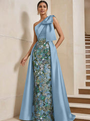 Sheath/Column One-Shoulder Satin Mother of the Bride Dresses with Overskirt Sleeveless Floral Floor-Length Bow