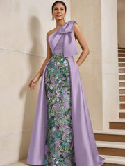 Sheath Column One Shoulder Satin Mother Of The Bride Dresses With Overskirt Sleeveless Floral Floor Length Bow