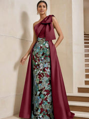 Sheath Column One Shoulder Satin Mother Of The Bride Dresses With Overskirt Sleeveless Floral Floor Length Bow