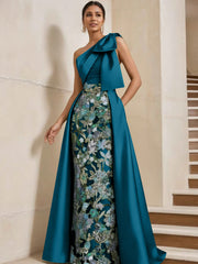 Sheath Column One Shoulder Satin Mother Of The Bride Dresses With Overskirt Sleeveless Floral Floor Length Bow
