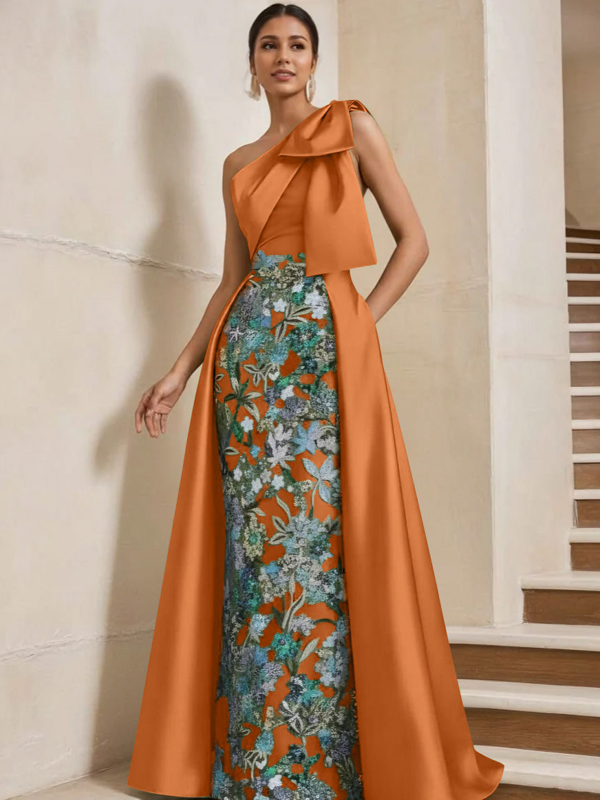 Sheath Column One Shoulder Satin Mother Of The Bride Dresses With Overskirt Sleeveless Floral Floor Length Bow