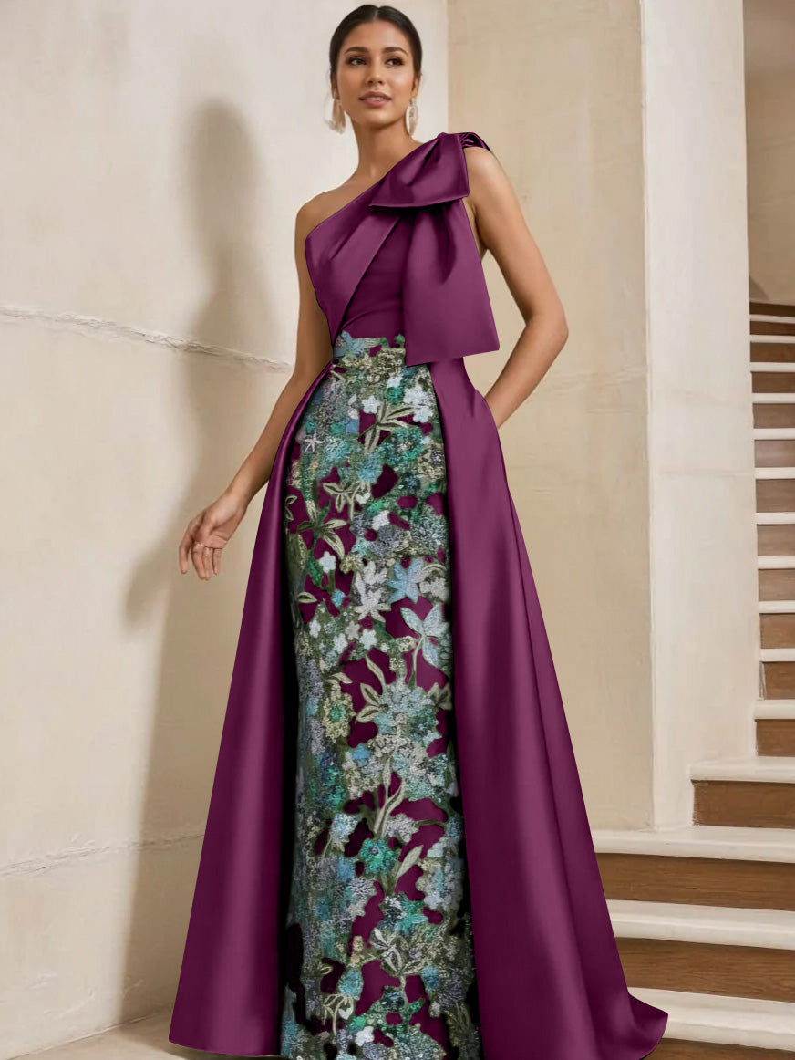 Sheath Column One Shoulder Satin Mother Of The Bride Dresses With Overskirt Sleeveless Floral Floor Length Bow
