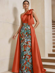 Sheath/Column One-Shoulder Satin Mother of the Bride Dresses with Overskirt Sleeveless Floral Floor-Length Bow