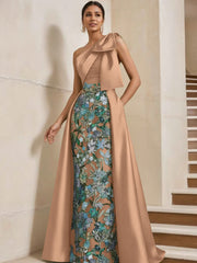 Sheath Column One Shoulder Satin Mother Of The Bride Dresses With Overskirt Sleeveless Floral Floor Length Bow