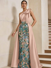 Sheath Column One Shoulder Satin Mother Of The Bride Dresses With Overskirt Sleeveless Floral Floor Length Bow
