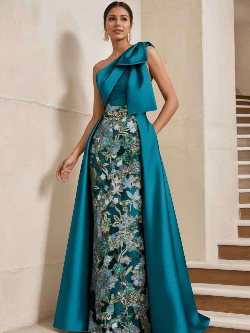 Sheath Column One Shoulder Satin Mother Of The Bride Dresses With Overskirt Sleeveless Floral Floor Length Bow