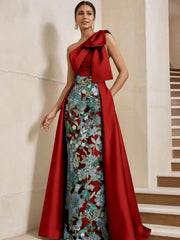 Sheath/Column One-Shoulder Satin Mother of the Bride Dresses with Overskirt Sleeveless Floral Floor-Length Bow