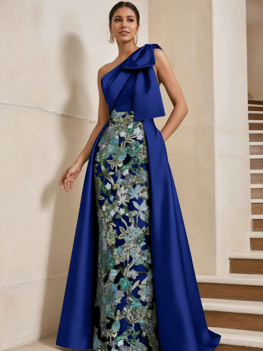 Sheath Column One Shoulder Satin Mother Of The Bride Dresses With Overskirt Sleeveless Floral Floor Length Bow